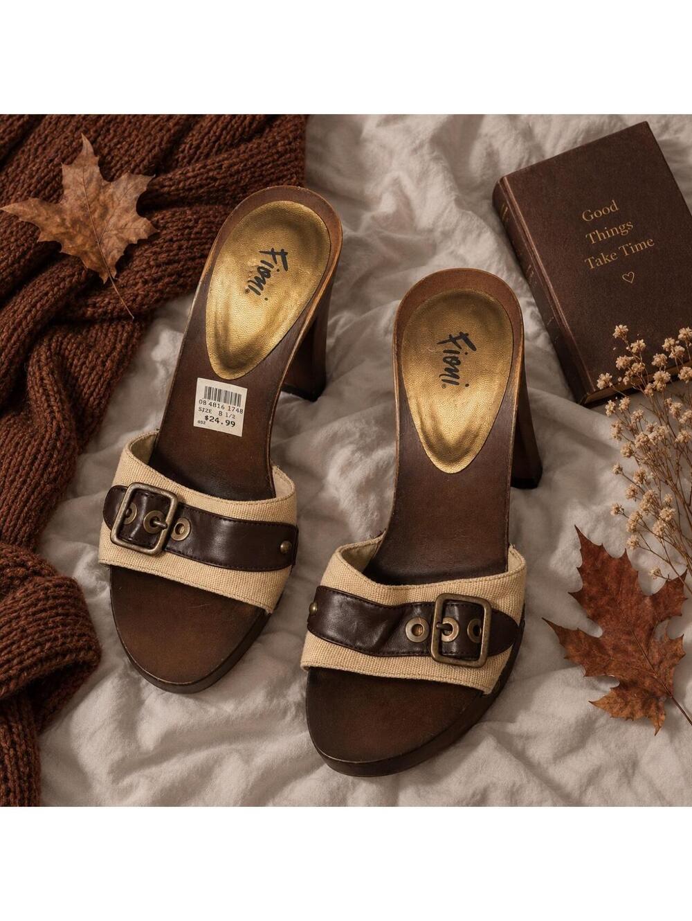FIONI Y2K WEDGE PLATFORM BUCKLE MULES BROWN